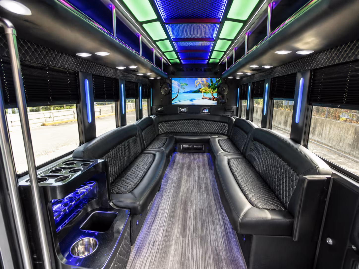 orange 18 passenger party bus inside