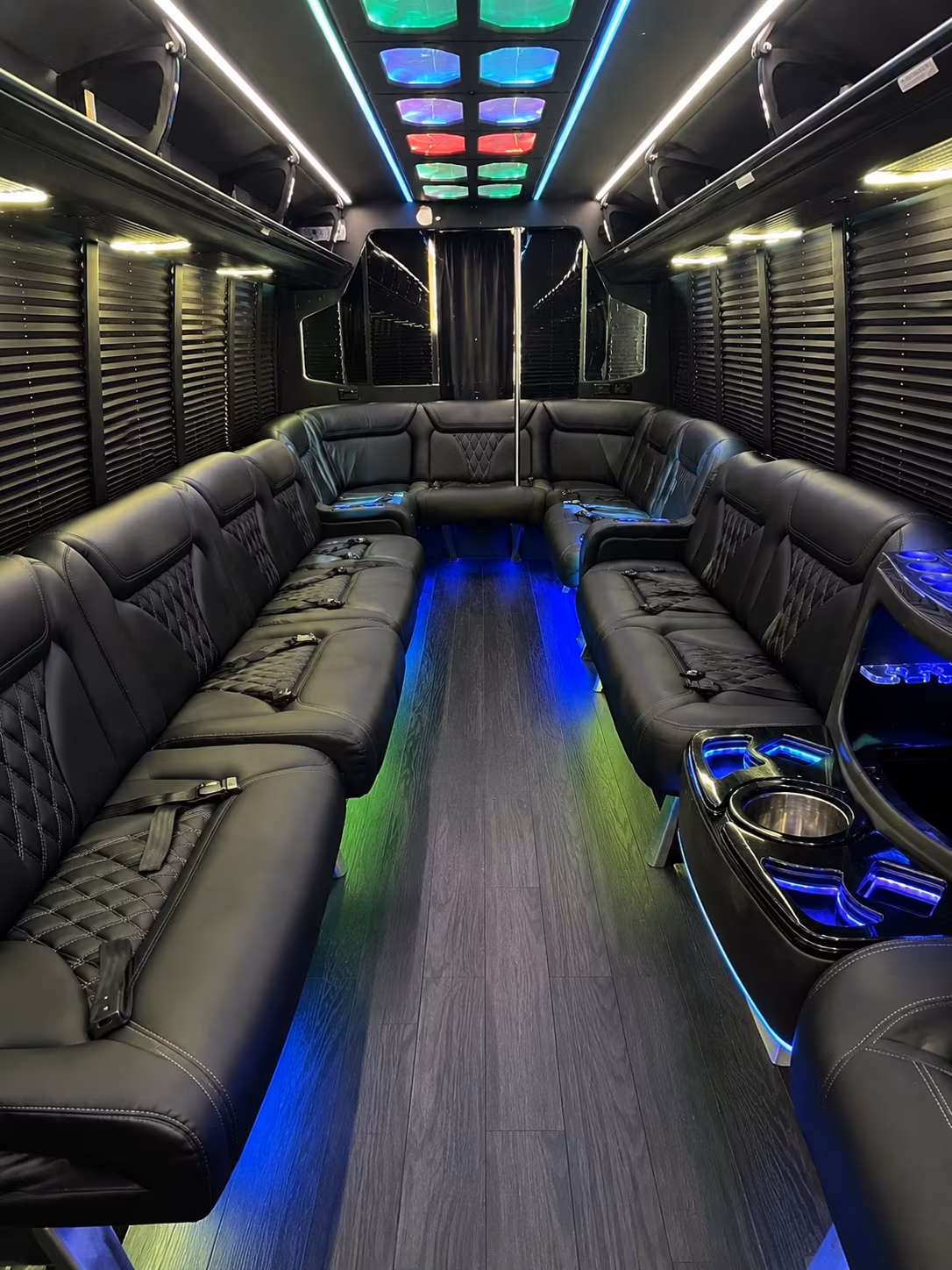 orange 20 passenger party bus interior