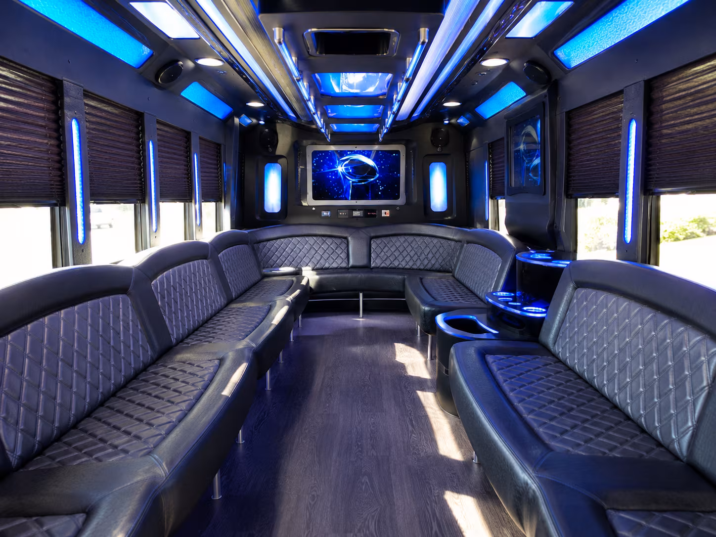 orange 28 passenger party bus inside
