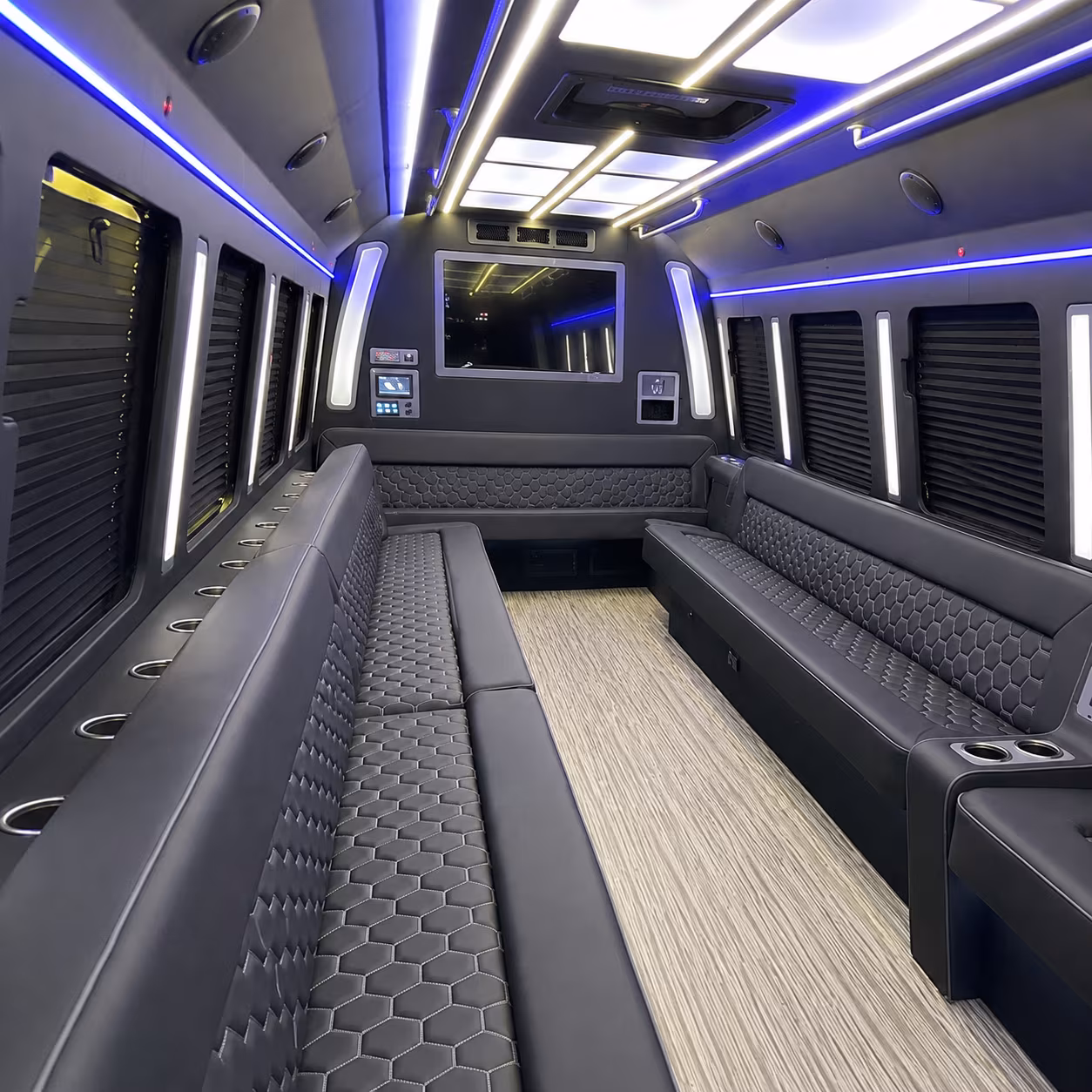 orange 40 passenger party bus inside