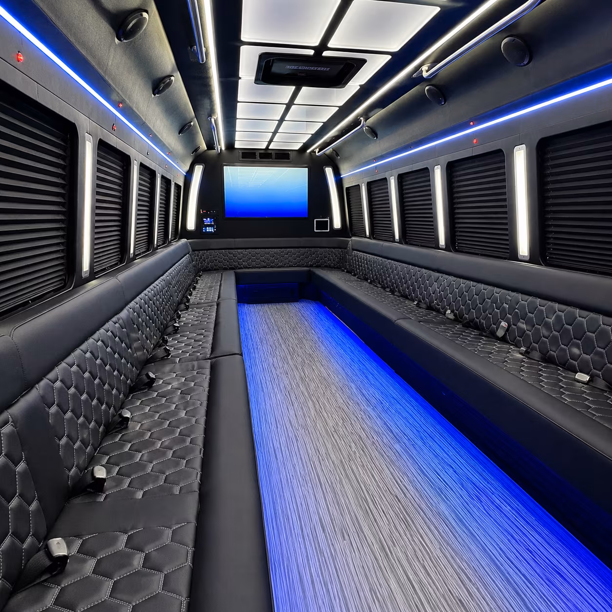 orange 50 passenger party bus inside