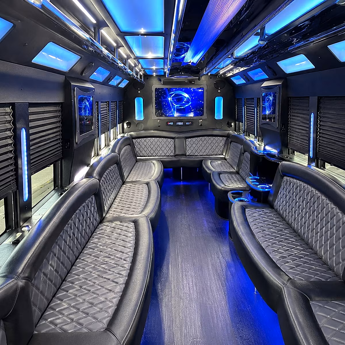 orange 50 passenger party bus interior